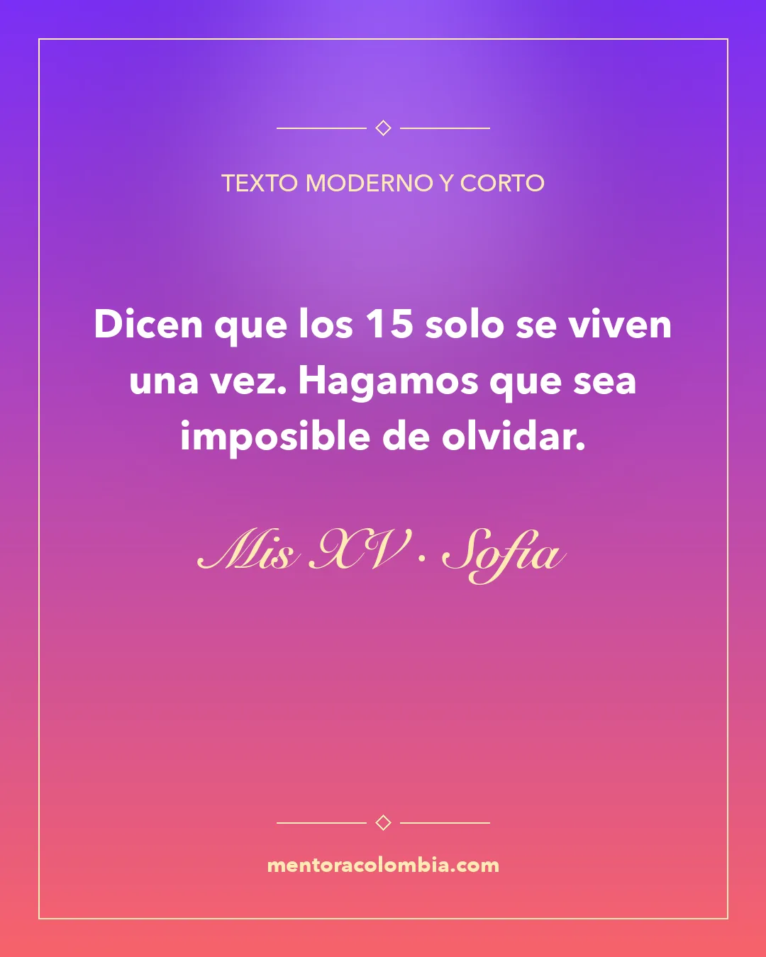 Texto moderno y corto para invitación de 15 años en tarjeta degradada morada y coral