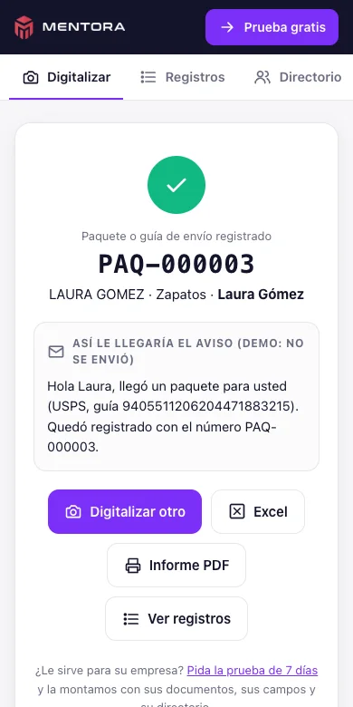 Paquete registrado con su número consecutivo y el aviso que le llega a la destinataria