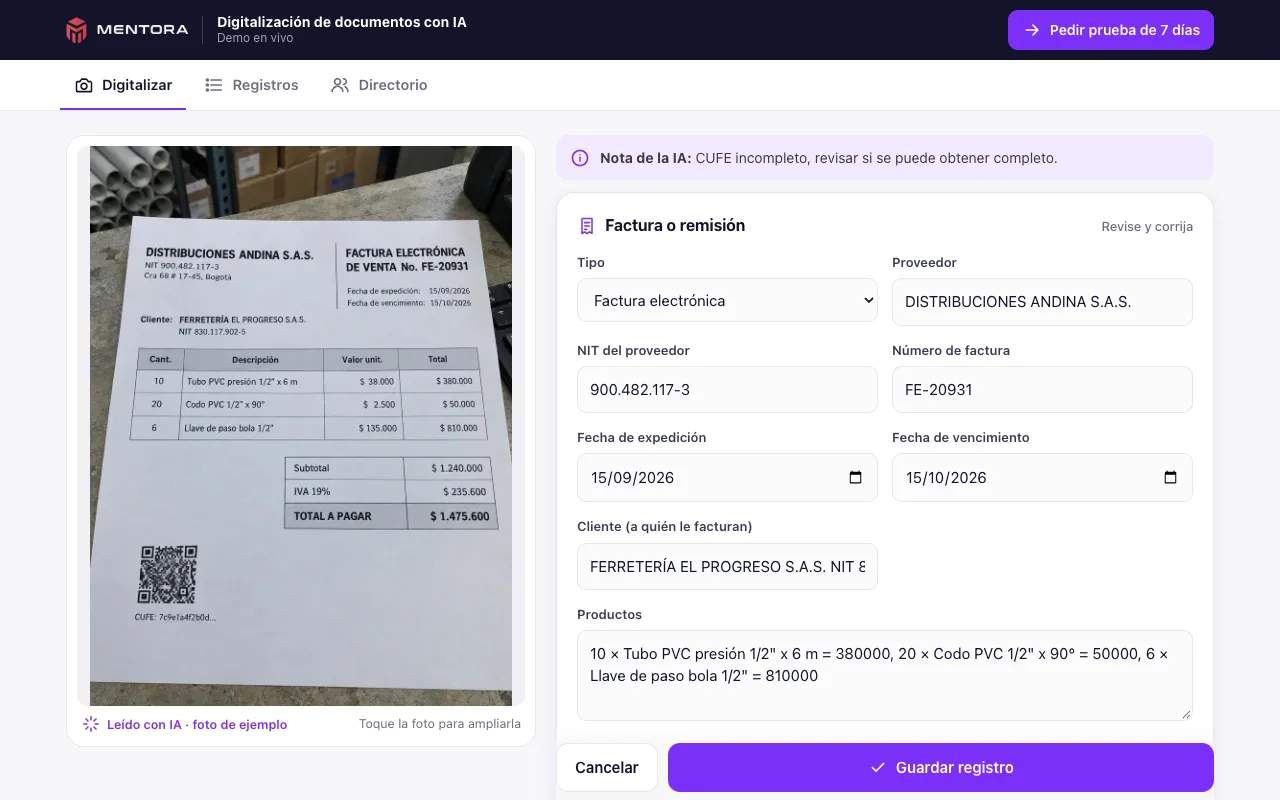 El sistema de digitalización leyendo una factura: a la izquierda la foto y a la derecha los campos que llenó la IA, con proveedor, NIT, número, fechas y productos