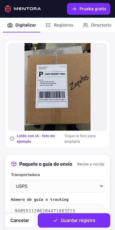 Registro de un paquete en el celular: la foto de la caja con la etiqueta y los datos que leyó la IA