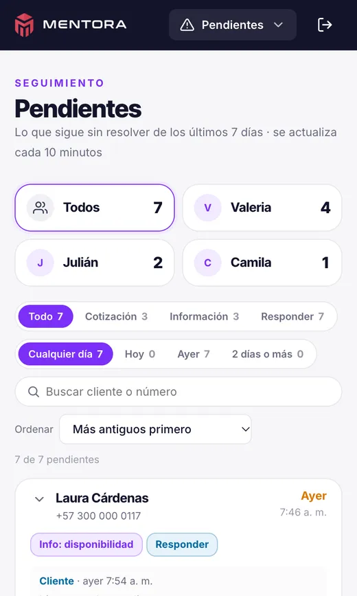 Lista de pendientes por asesor, con filtros de cotización, información y respuesta