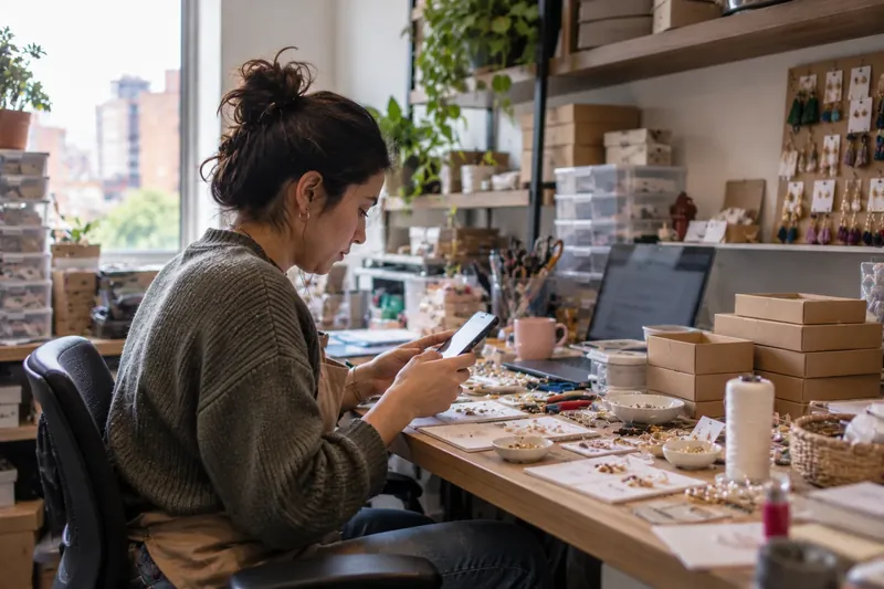 Link in bio: todos tus enlaces en una sola página. Emprendedora la arma en el celular en su taller