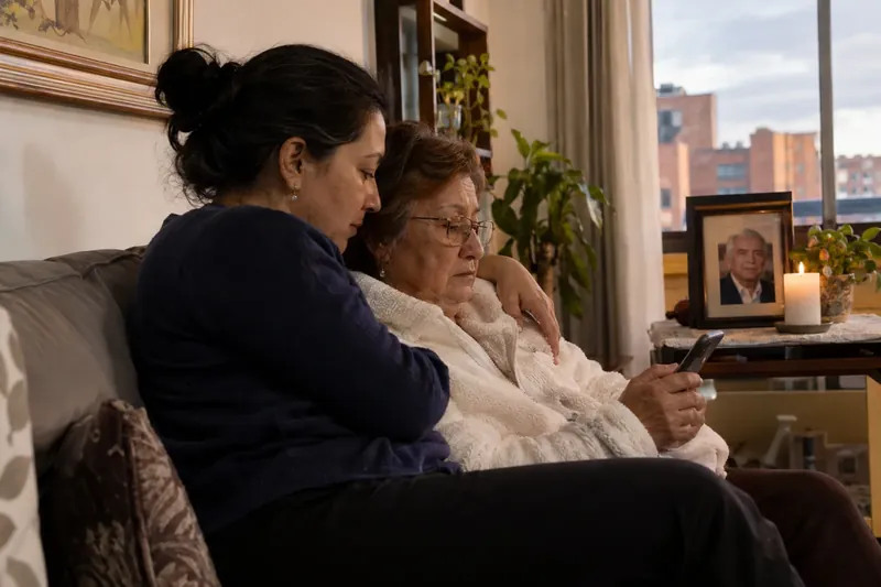 Esquela: madre e hija leen en el celular los mensajes del memorial de un ser querido