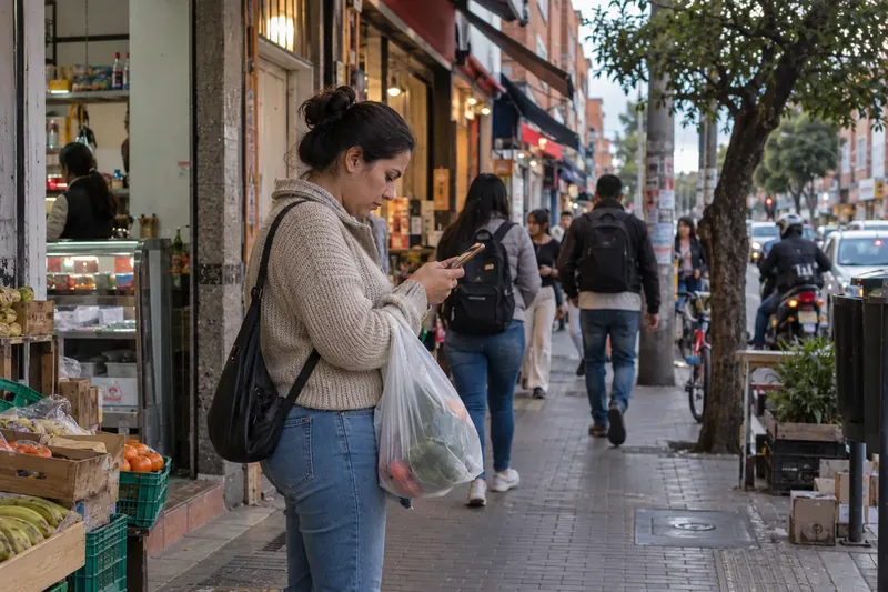 Posicionamiento SEO: mujer busca en el celular un negocio cercano desde la calle