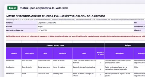 Hoja «Matriz IPER»: proceso, cargo, tarea, peligro, efectos y controles de cada fila