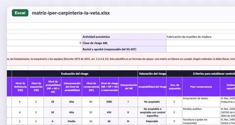 Valoración GTC 45 en la misma hoja: ND, NE, NP, NC, NR, nivel y aceptabilidad calculados solos