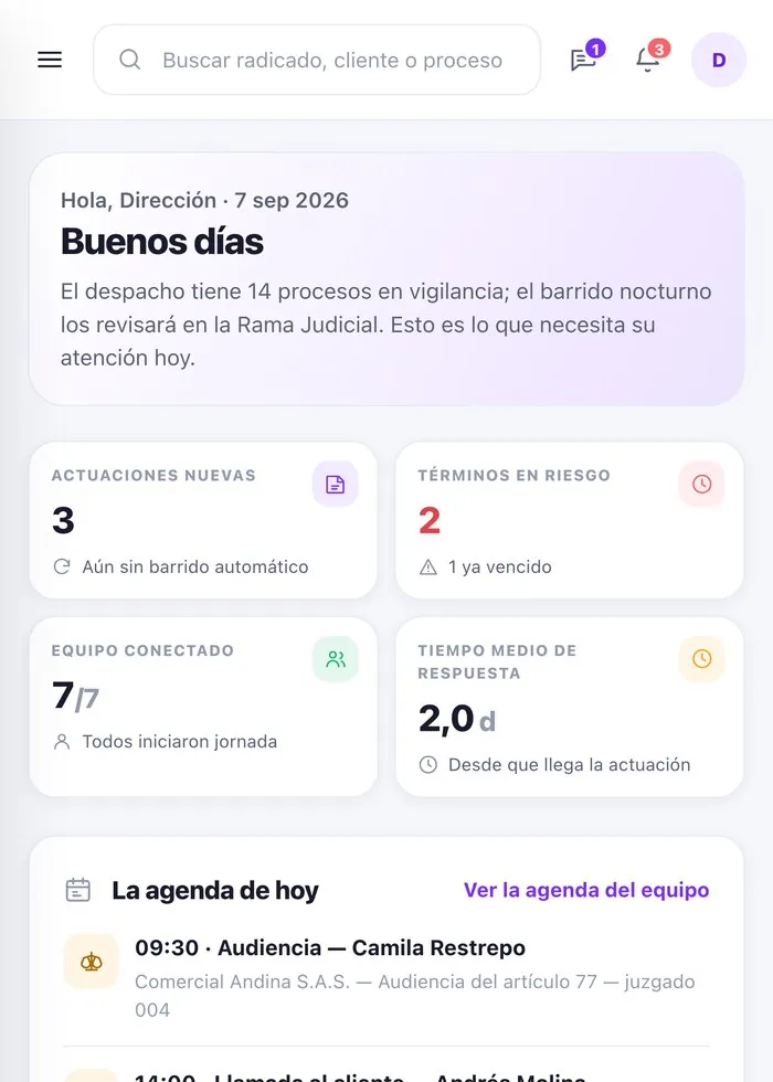 Tablero del despacho en el celular con actuaciones nuevas, términos en riesgo y la agenda de hoy