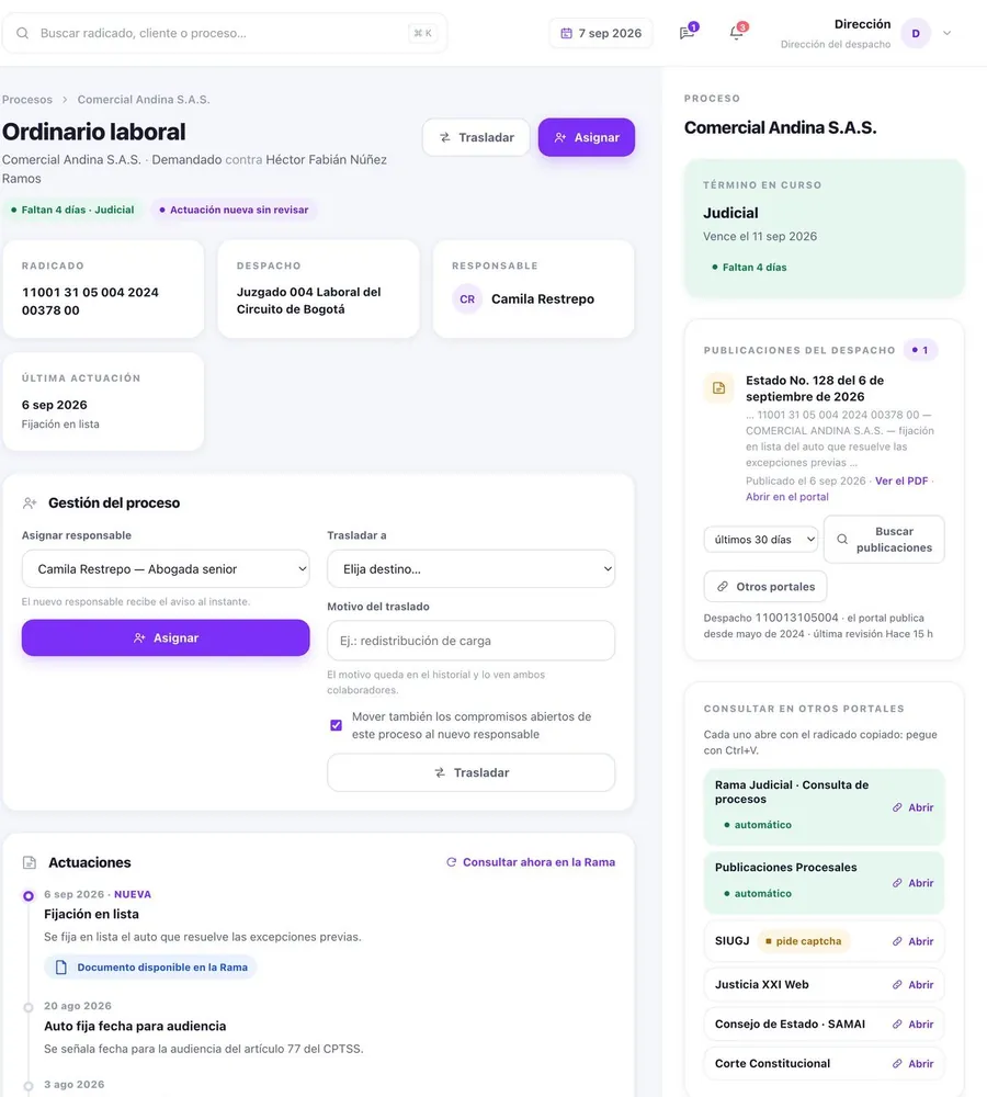 Ficha de un proceso en Diligencia con su término en curso, las actuaciones de la Rama y las publicaciones del despacho