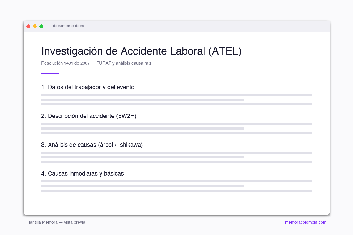 Vista previa de Plantilla Investigación de Accidente Laboral (ATEL) — Mentora