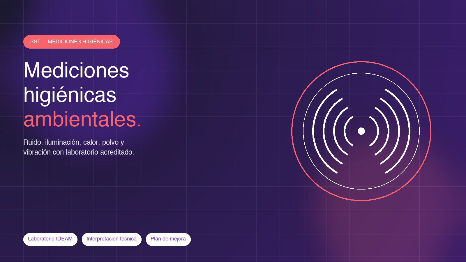 Mediciones higiénicas ambientales Colombia — ruido, iluminación, estrés térmico, polvo, vibración con laboratorio acreditado IDEAM