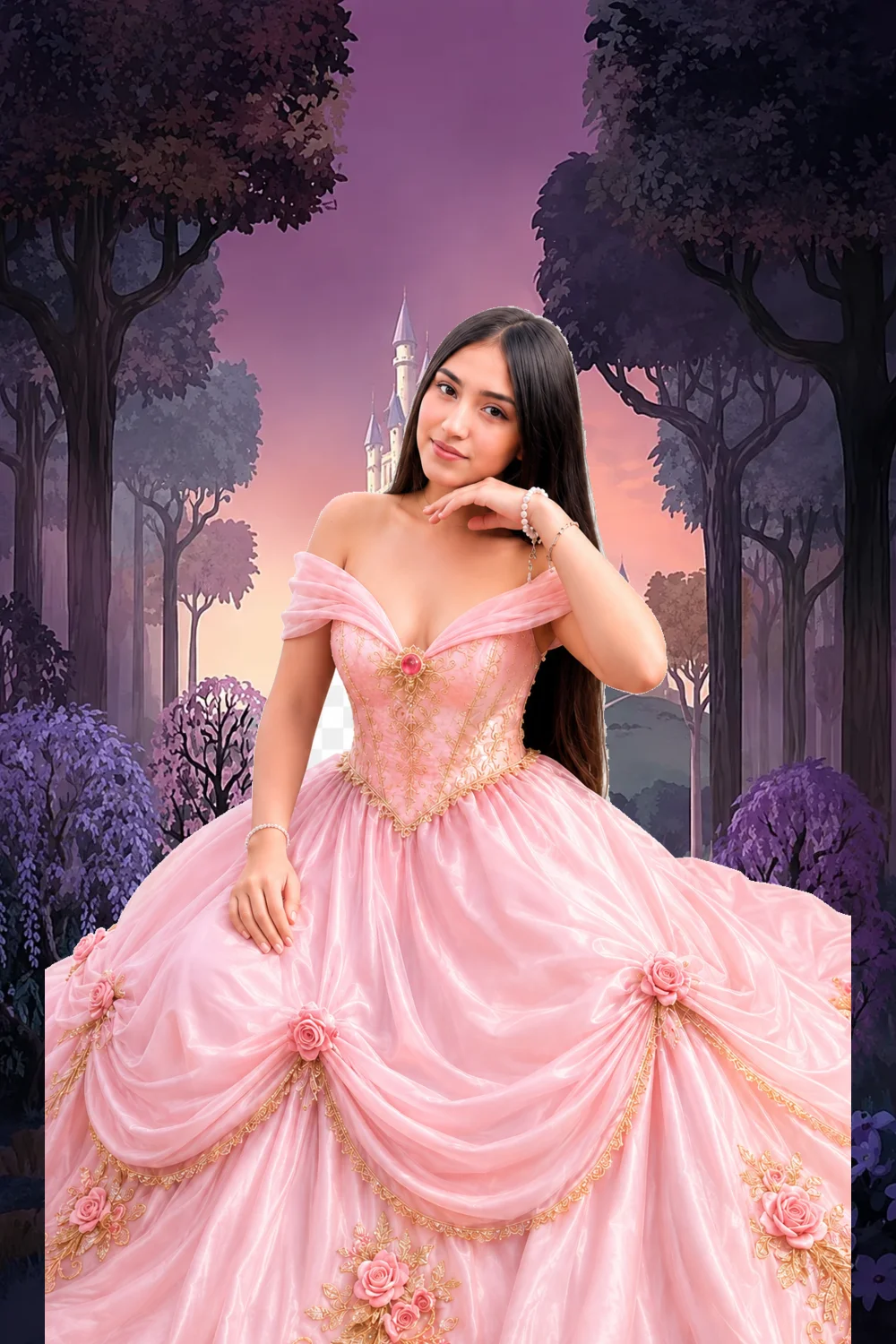 Quinceañera con vestido rosa de princesa frente a un bosque encantado con castillo