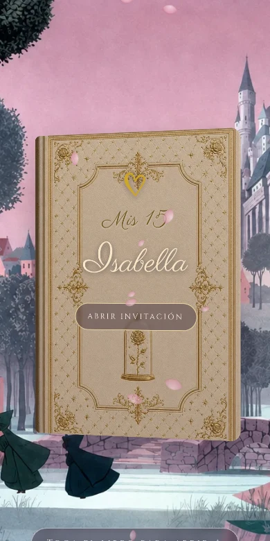 Diseño Aurora Encantada — invitación de 15 años con libro animado, brujitas y marco de rosas
